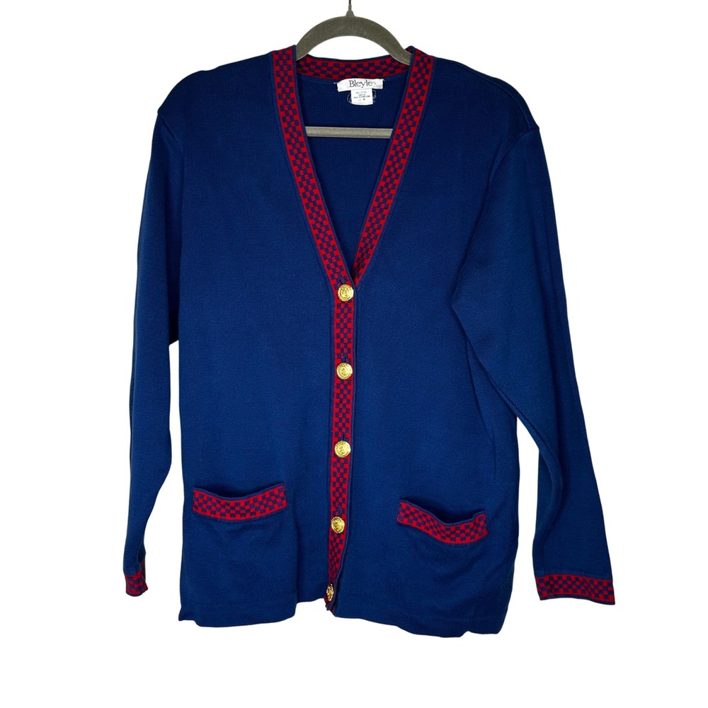 Navy Vtg Cardigan Sweater Red Checkerboard Trim Gold Buttons Sz Med